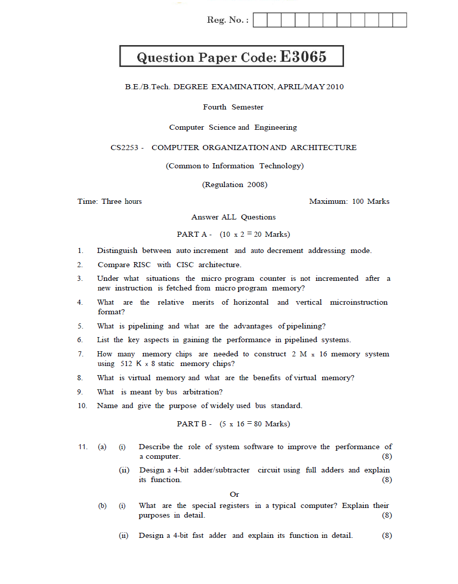 Computer Organization And Architecture Anna University Question Paper