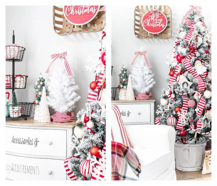 red and white Christmas trees and vintage decor