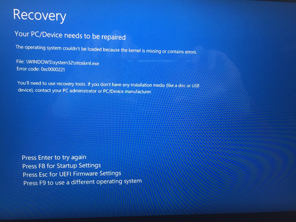 เคอร์เนล Windows 10 หายไป - ข้อผิดพลาด 0xc0000221