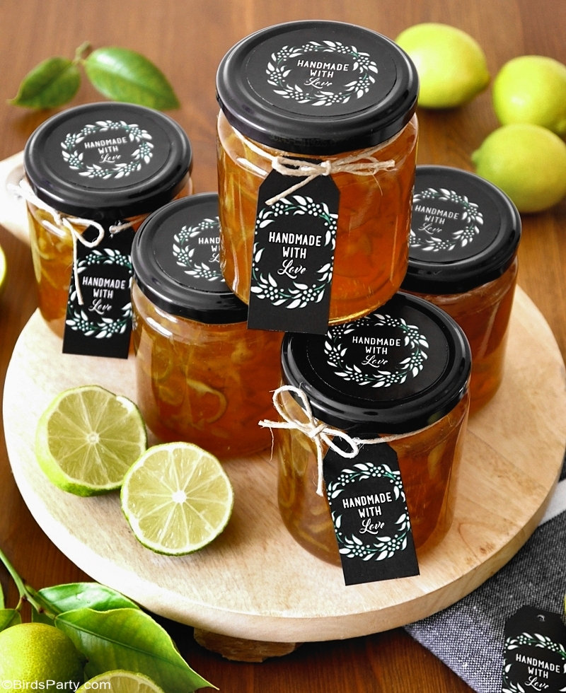 Homemade Lime Marmalade Recipe & Printable Gift Tags - easy and inexpensive, edible Christmas gift idea, perfect for hampers or a Holiday cheese board! by BirdsParty.com @birdsparty #marmelade #limes #limemarmelade #citrusrecipe #recipe #ediblegifts #christmashamper #christmasgifts #handmadegifts #homemadegifts #ediblechristmasgifts