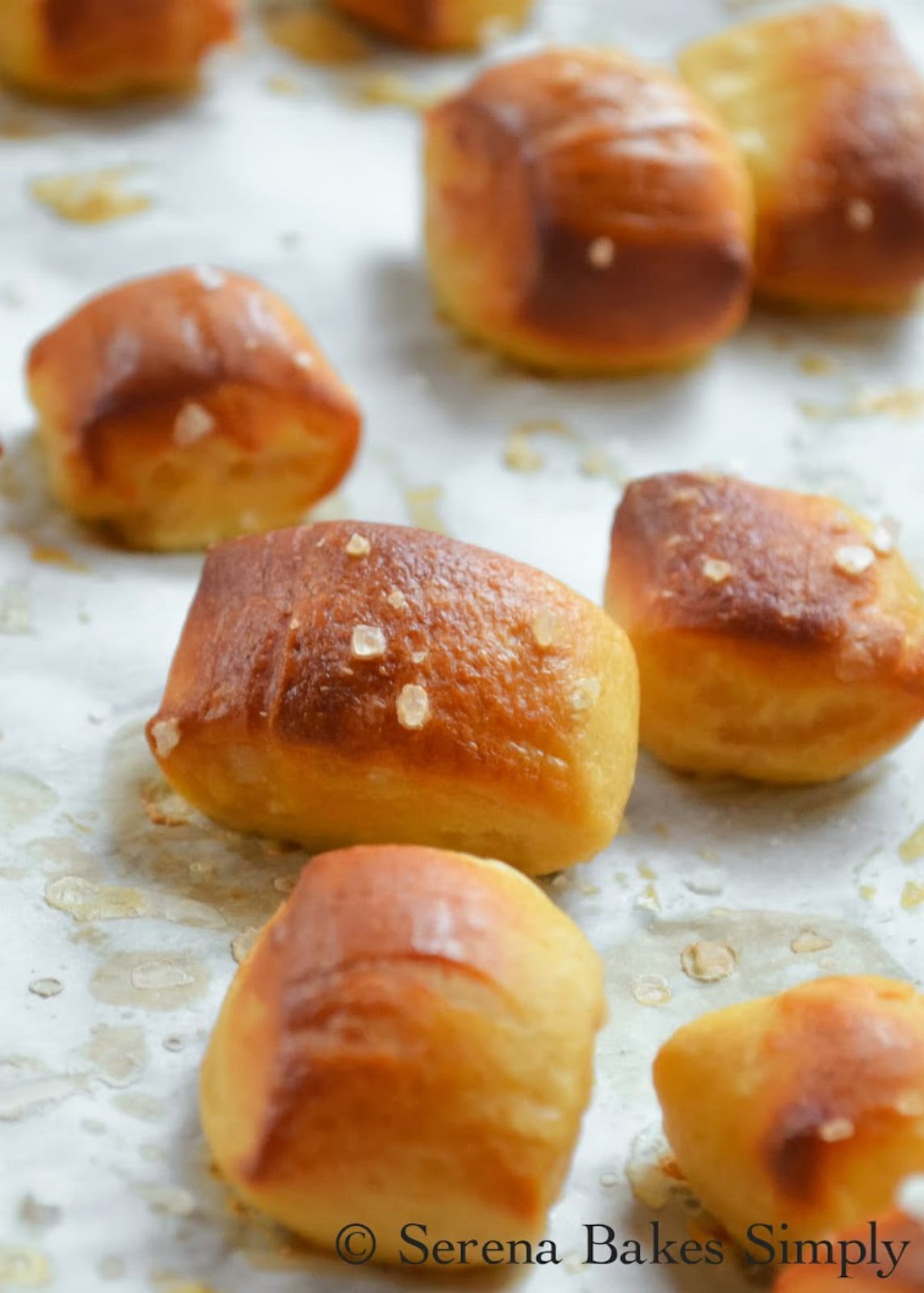 Recipe for Soft Pretzel Bites. These are a favorite at Super Bowl parties! Great for dipping in homemade nacho cheese sauce from Serena Bakes Simply From Scratch.