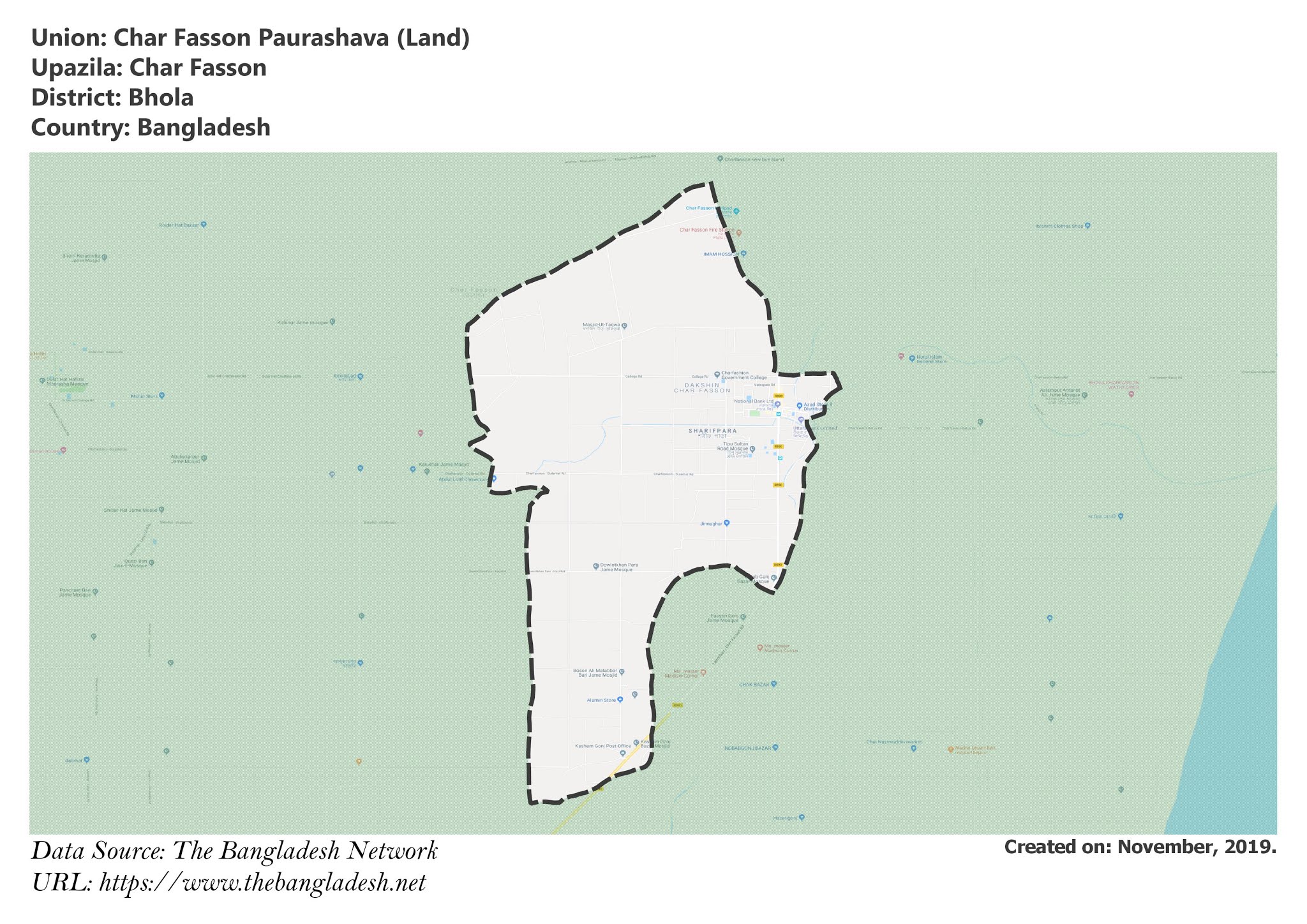 Map of Char Fasson Paurashava of Bhola, Bangladesh.