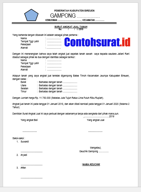 Contoh Surat Perjanjian Angkat Akuat Jual Tanah Yang Baik