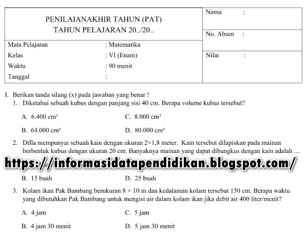 Soal Dan Jawaban Pat Matematika Kelas 6 Semester 2 Tahun 2020 Informasi Data Pendidikan