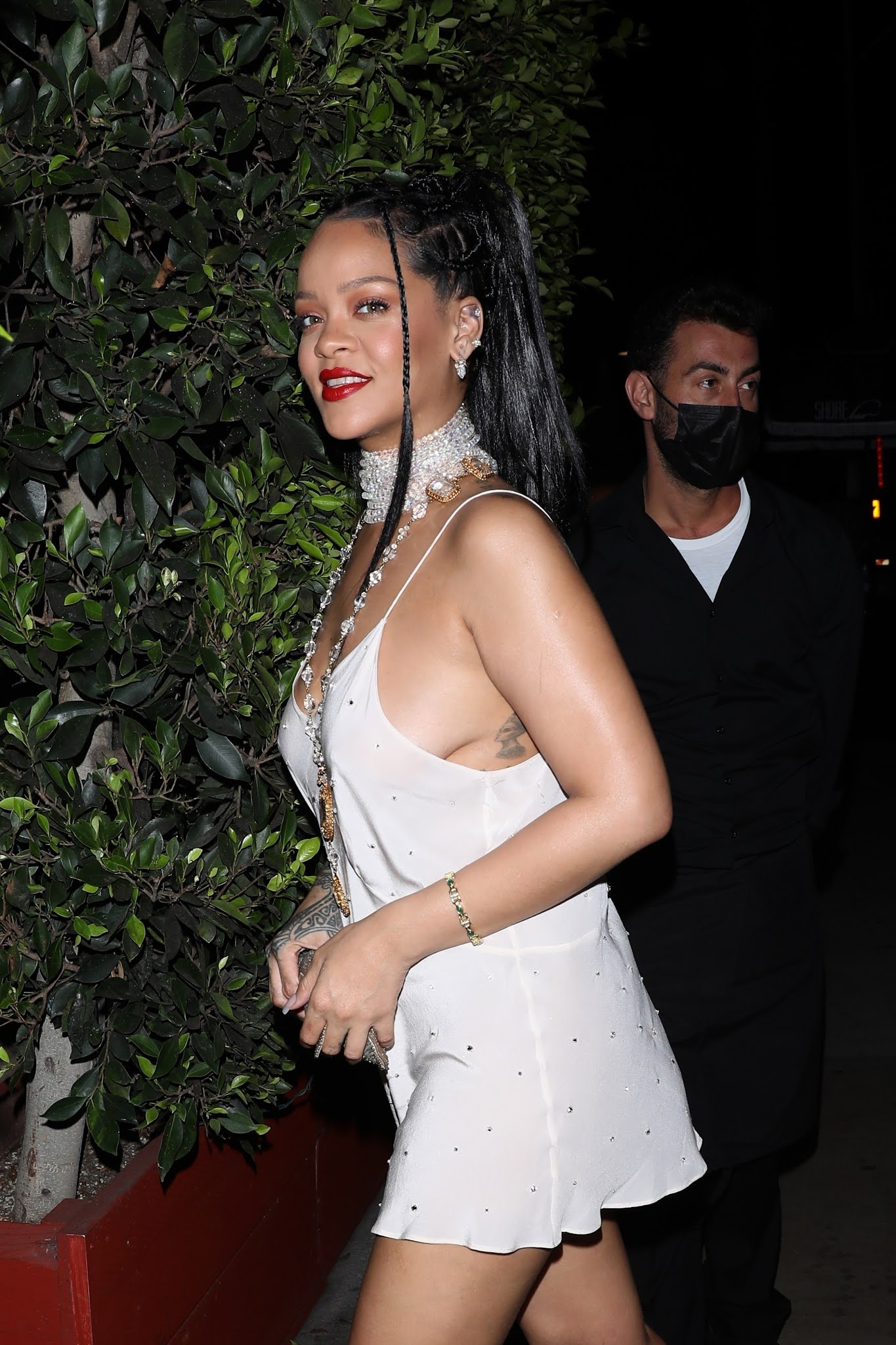 Rihanna goes braless to Giorgio Baldi restaurant, Santa Monica.