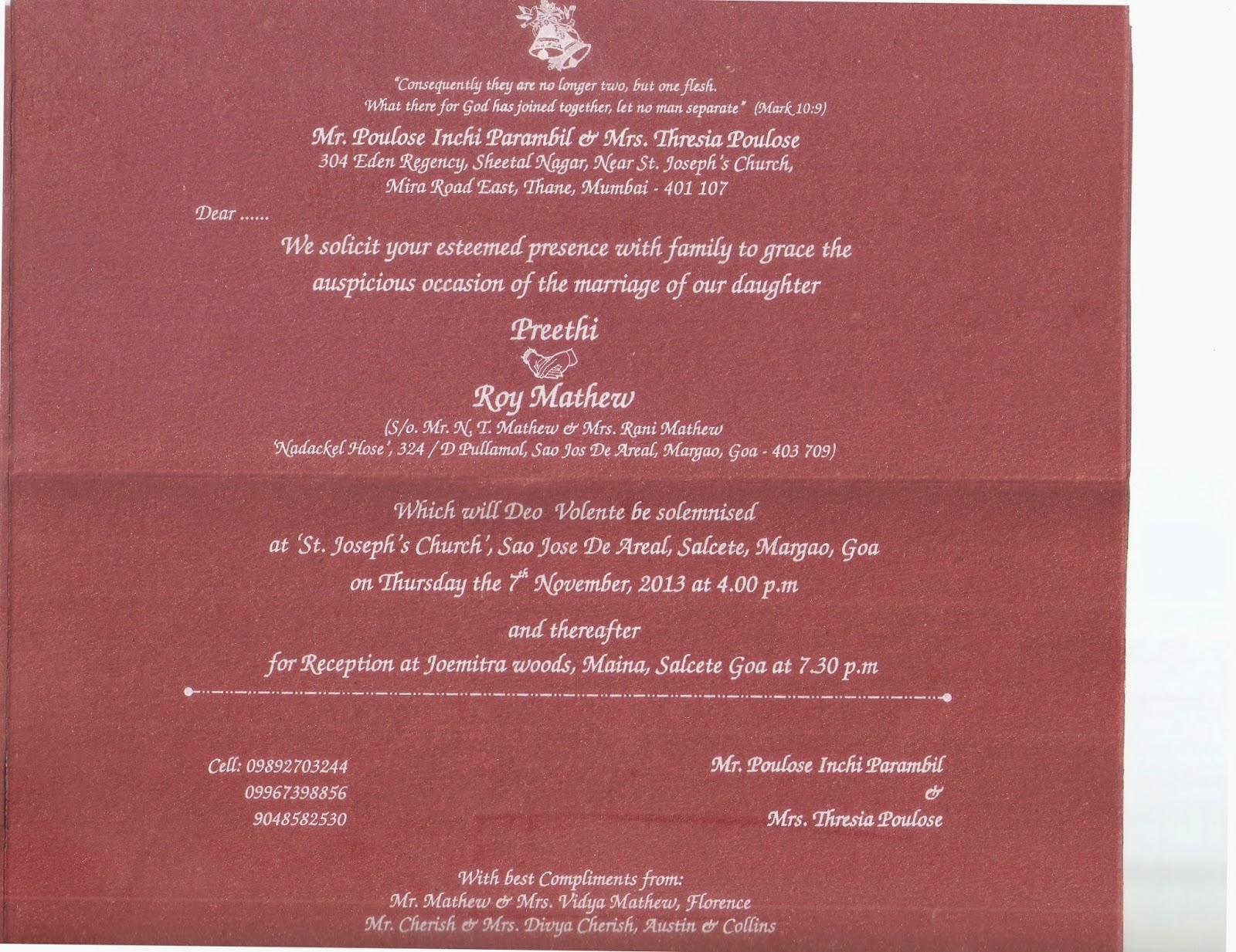 My daughter Preethi's wedding Invitation 2013