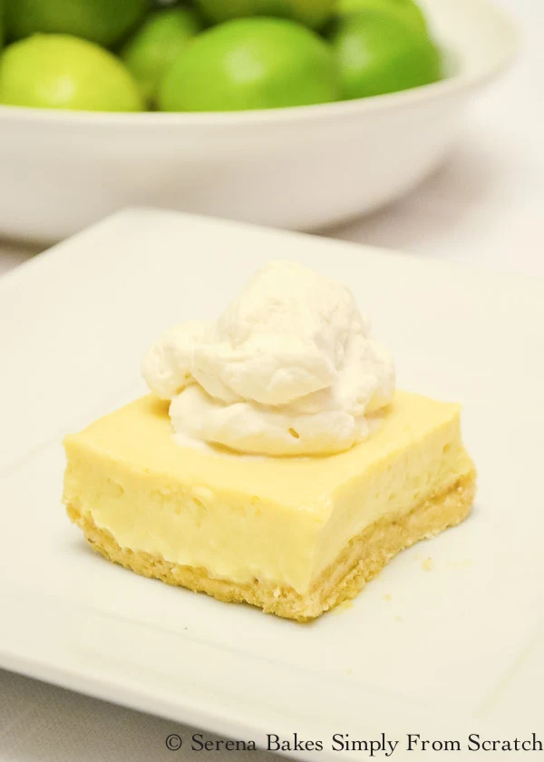 Key Lime Cheesecake Bars With Almond Cookie Crust is an easy dessert recipe from Serena Bakes Simply From Scratch.