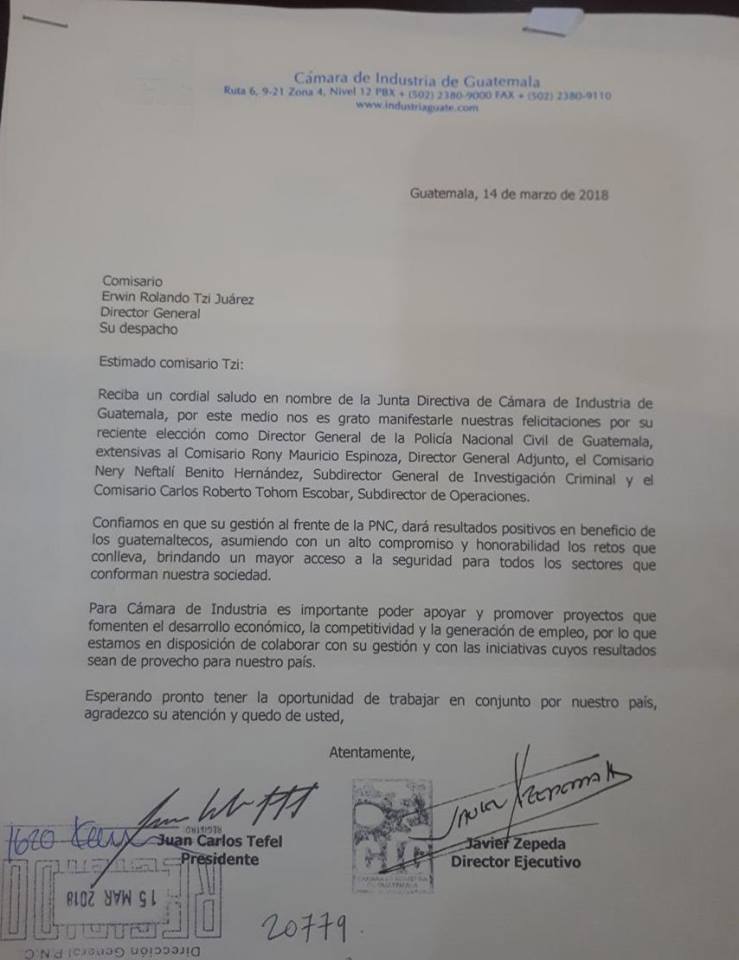 Policía Nacional Civil de Guatemala PNC recibe carta de felicitación