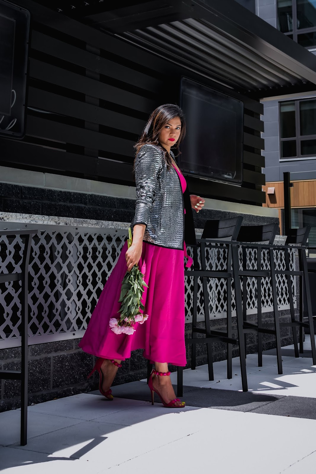 pink on pink outfit, metallic silver jacket, statement party jacket, wedding outfit, wedding guest, portrait photography, dc blogger, street style Hm ponk skirt, myriad musings, saumya shiohare pink on pink outfit, metallic silver jacket, statement party jacket, wedding outfit, wedding guest, portrait photography, dc blogger, street style Hm ponk skirt, myriad musings, saumya shiohare