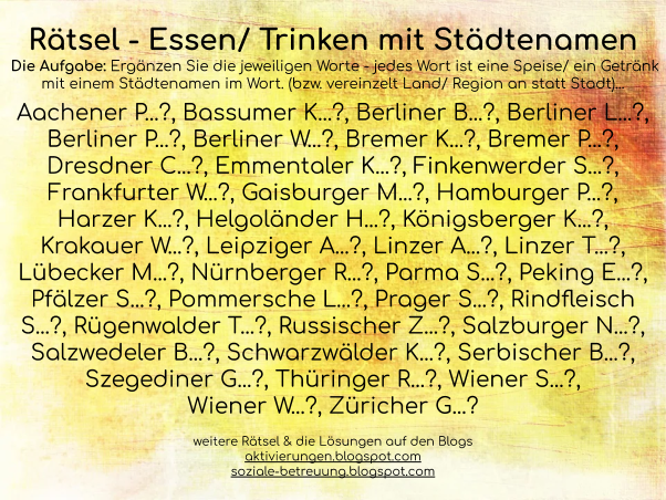 Ergänzen von Speisen/ Getränke mit Städtenamen
