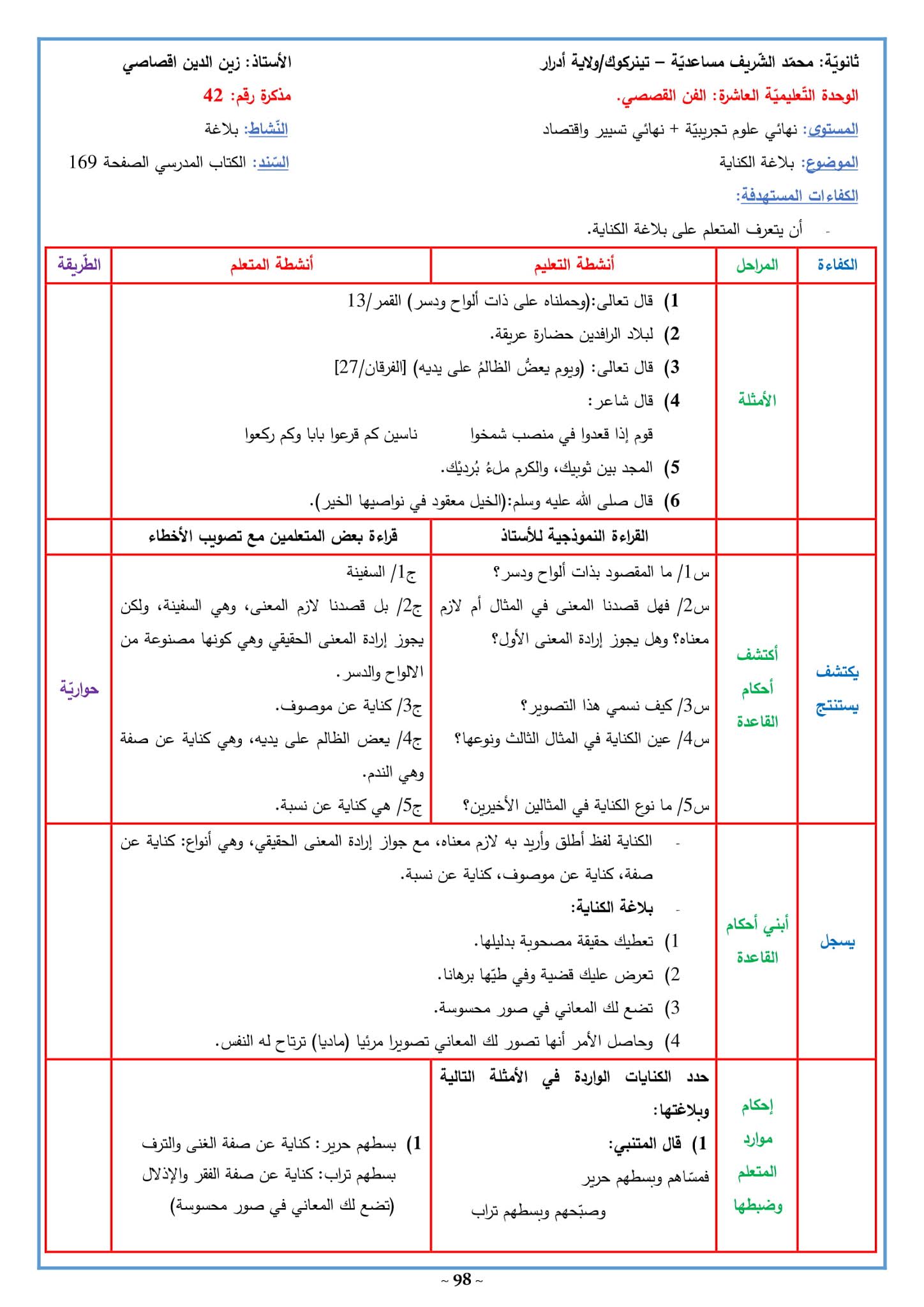 تحضير نص بلاغة الكناية 3 ثانوي علمي