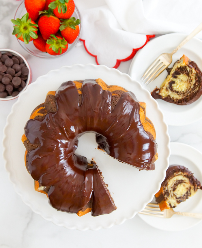 Chocolate Vanilla Swirl Bundt Cake with Glossy Ganache Frosting Bake