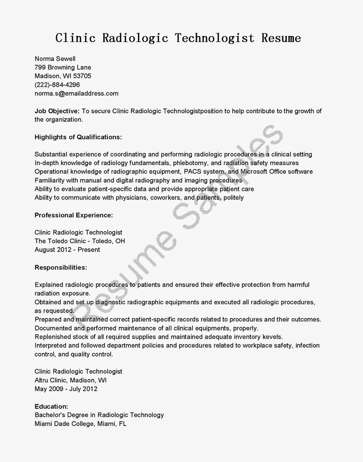 Resume Samples Clinic Radiologic Technologist Resume Sample