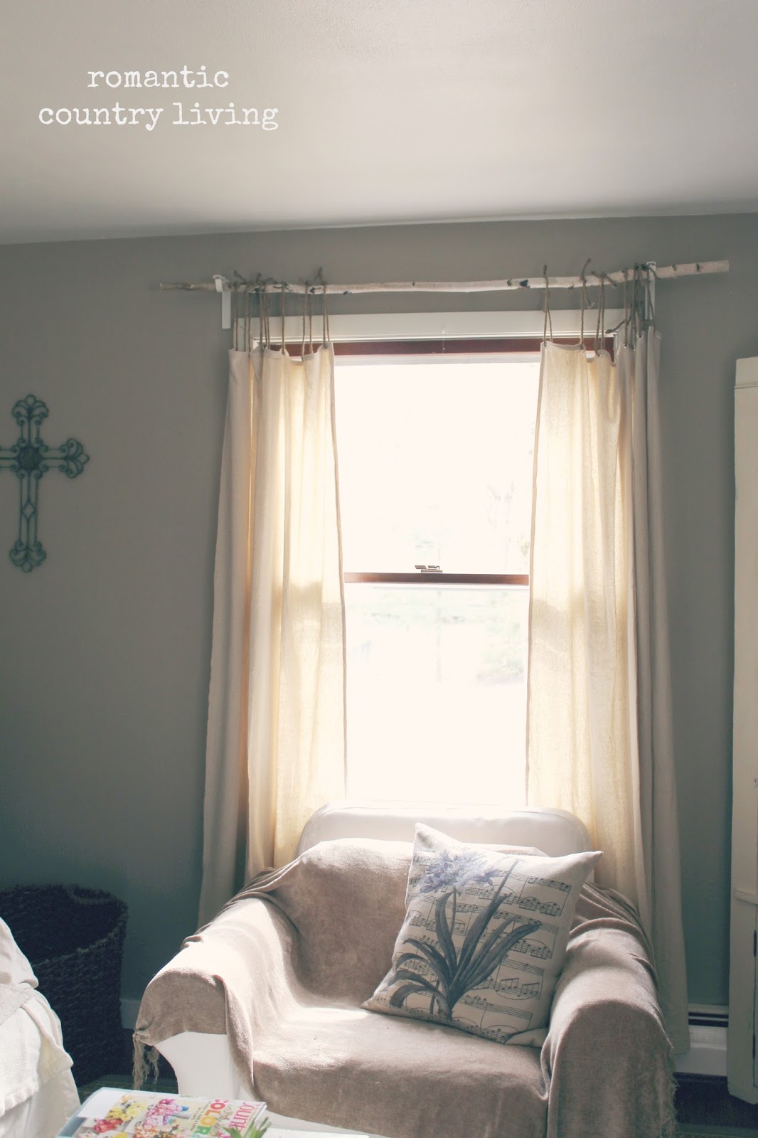 Romantic Country Living DIY Drop Cloth Curtains with Birch Tree Rods