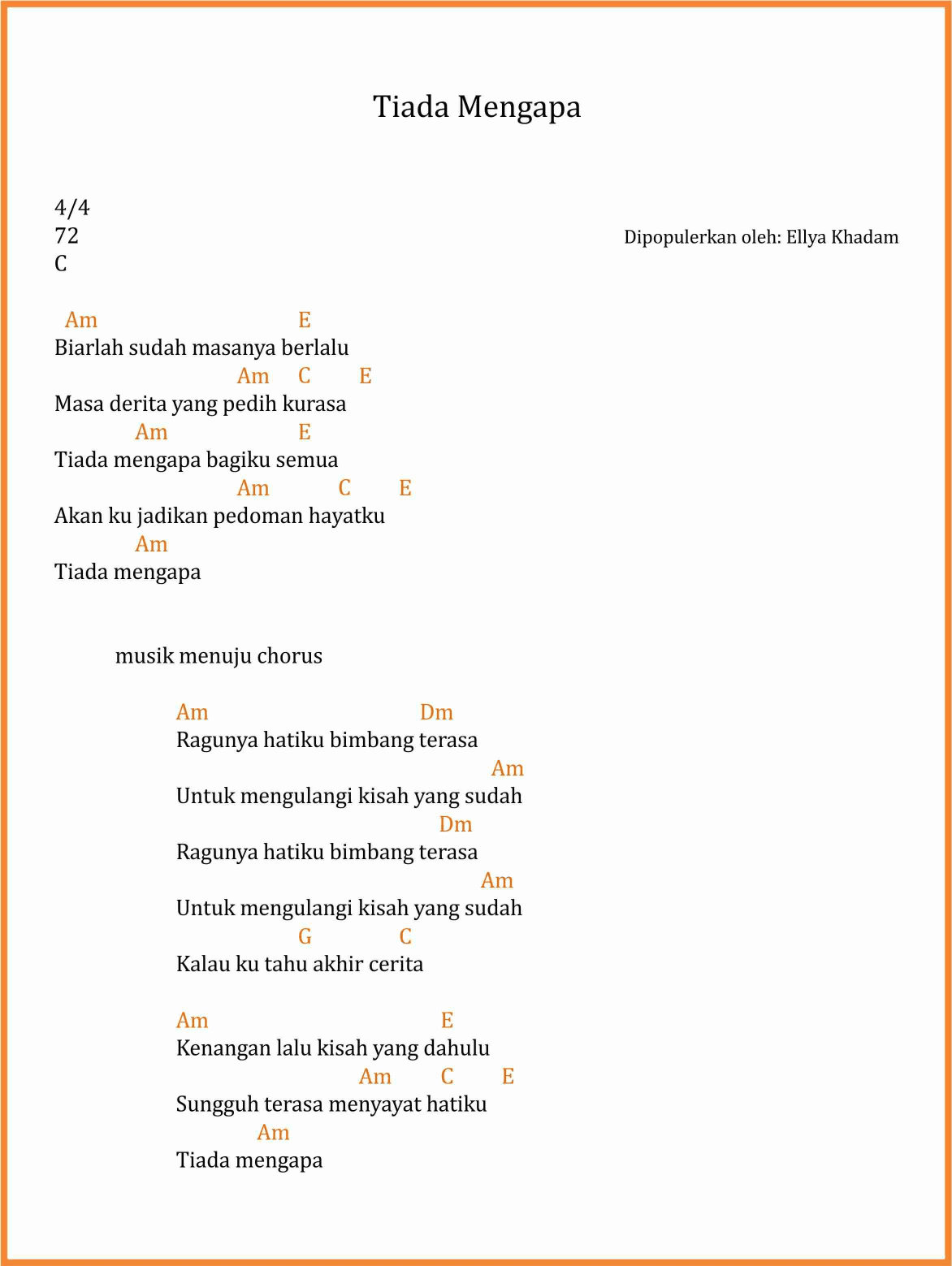 Chord Lagu Tiada Mengapa - Ellya Khadam - SEKITAR MUSIK