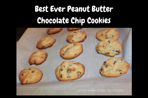 these are a buttery peanut butter homemade from scratch cookie with chocolate chips in them. These are how to make the best ever peanut butter chocolate chips cookies. These cookies are on a cookie sheet with parchment paper on them so they wont stick and are easy to remove after cooling.