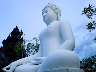 Down Side View Varada Mudra Big White Buddha Statues At Buddhist Temple North Bali Indonesia
