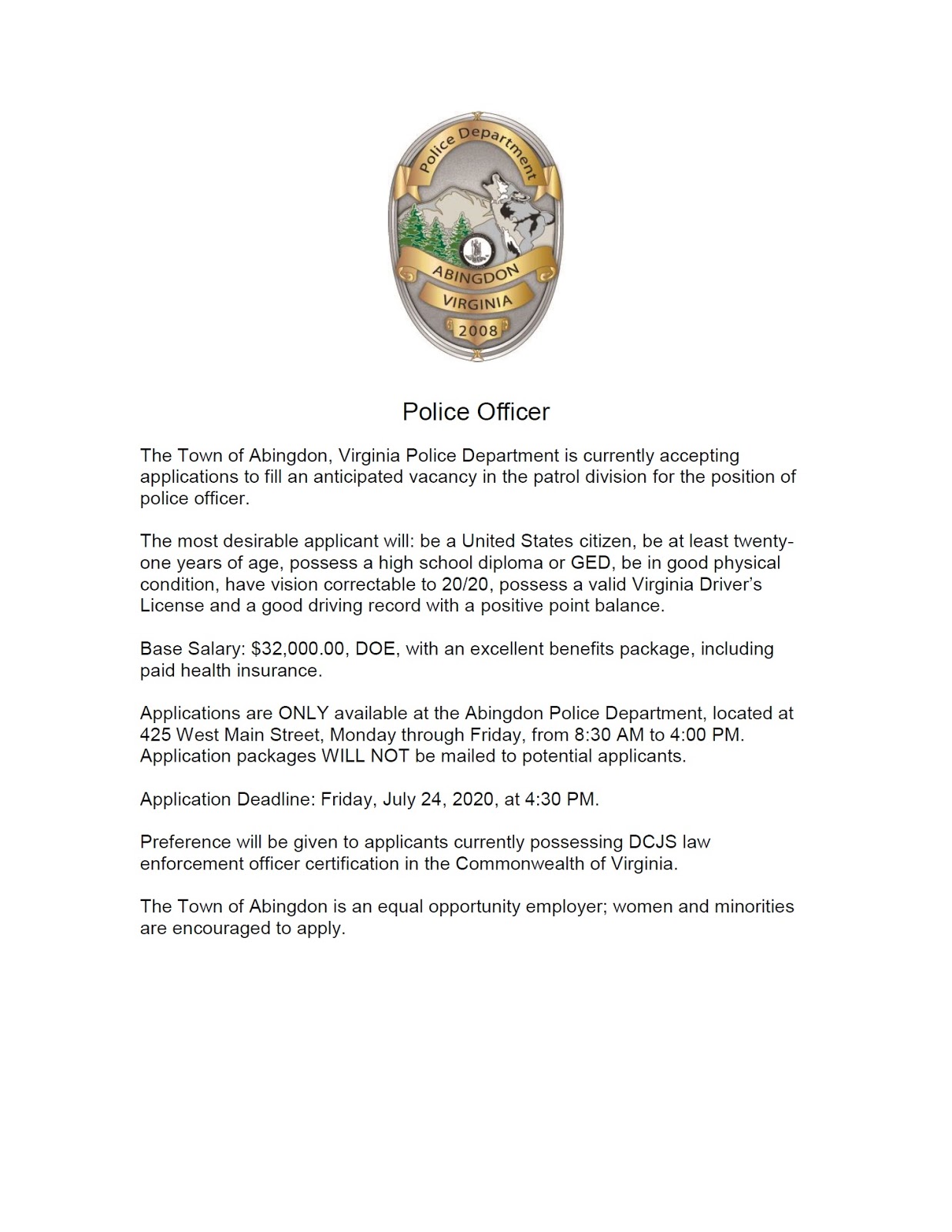 Abingdon Police Department WE ARE HIRING! *We have extended the