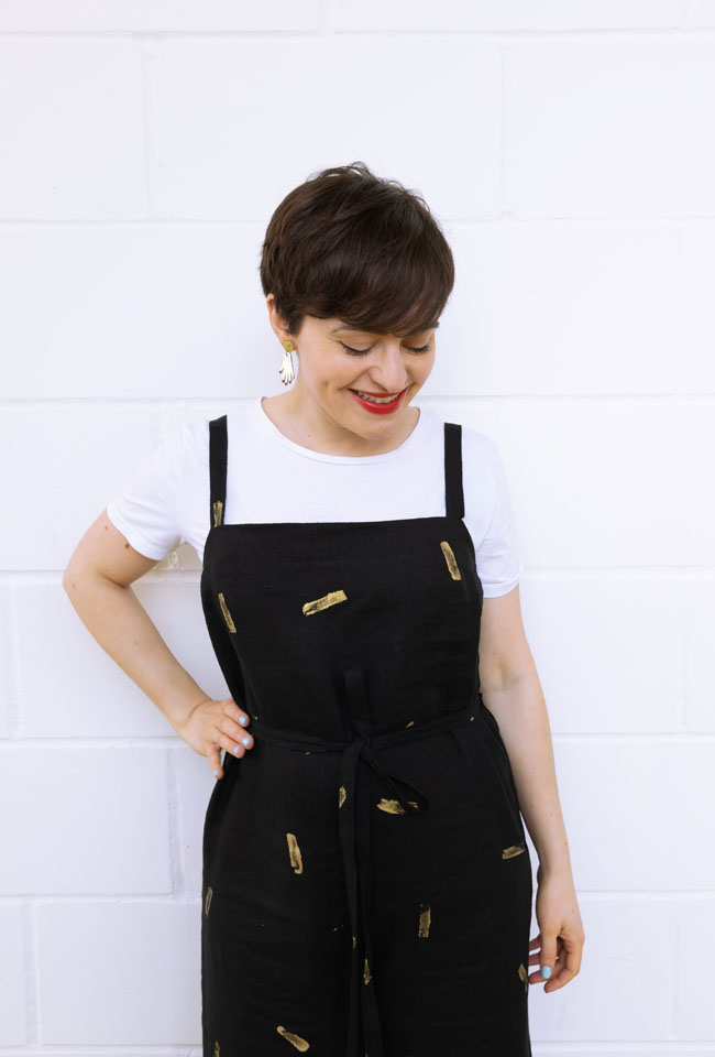 Tilly's Gold Potato-Printed Safiya Dungarees - sewing pattern in Make It Simple