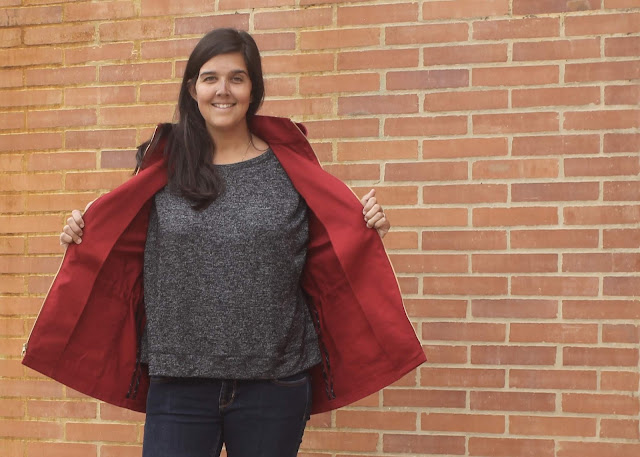 Indiesew/Allie Olsen Lonetree Jacket in red twill with a gold zipper.