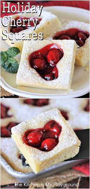 Holiday Cherry Squares ~ These tasty squares pair the deliciousness of cherry pie filling with a sweet and tender scratch-made vanilla cake base. These little beauties are just perfect for a holiday sweets table, light dessert, or even as a brunch or Christmas breakfast treat.  www.thekitchenismyplayground.com