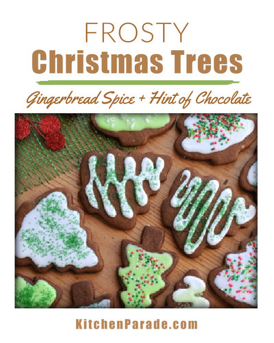 Frosty Christmas Trees ♥ KitchenParade.com, my long-time favorite cut-out cookie, with an easy-to-handle dough, lovely gingerbread flavor and just a touch of chocolate.