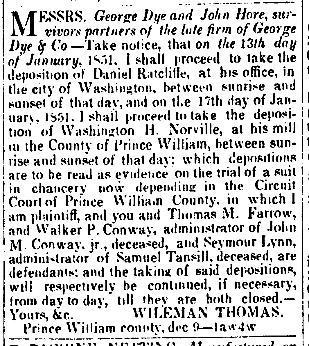 Prince William County Genealogy Legal Notice Thomas v. Farrow (1850)