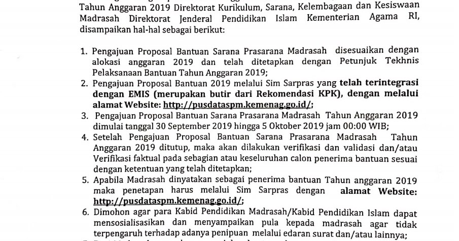 Pengajuan Proposal Bantuan Sarpras Tahun Anggaran 2019 Pengajuan Proposal Bantuan Sarpras Tahun Anggaran 2019