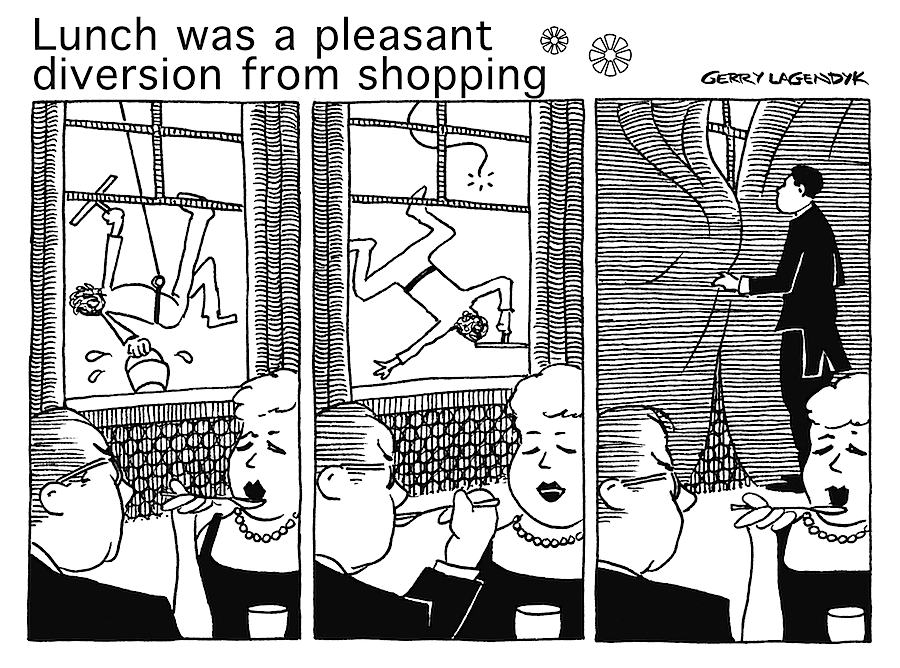 Lunch was a pleasant diversion from shopping cartoon about restaurant and window washer