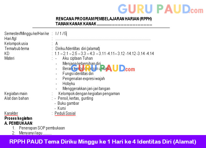 RPPH PAUD Tema Diriku Minggu ke 1 Hari ke 4 Identitas Diri