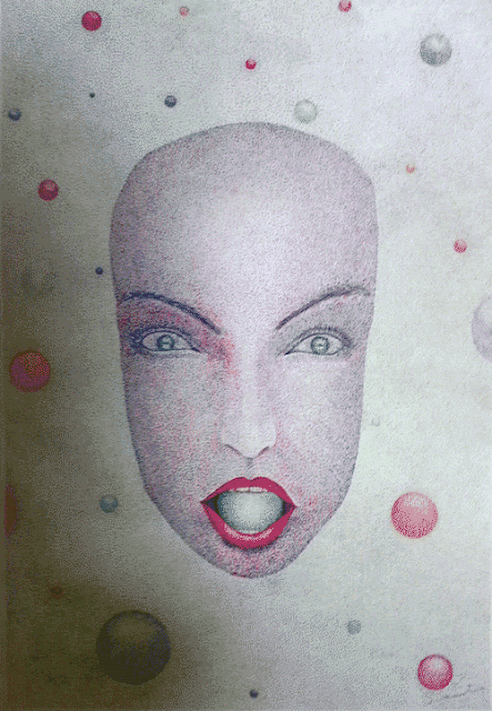 女性の顔をカラフルに点描画で表現した画像
