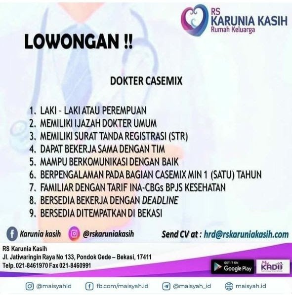LOWONGAN KERJA DOKTER CASEMIX RS. Karunia Kasih Bekasi