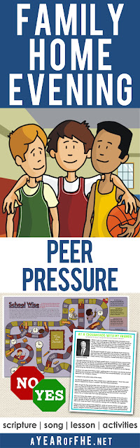 A Year of FHE // A Family Home Evening lesson all about Peer Pressure. What is it, how to stand up to it, and the blessings that follow making good decisions.  Includes scripture heroes who stood up to peer pressure.  There are activites, a board game, and a LDS talk for older kids and teens! #lds #peerpressure #ctr