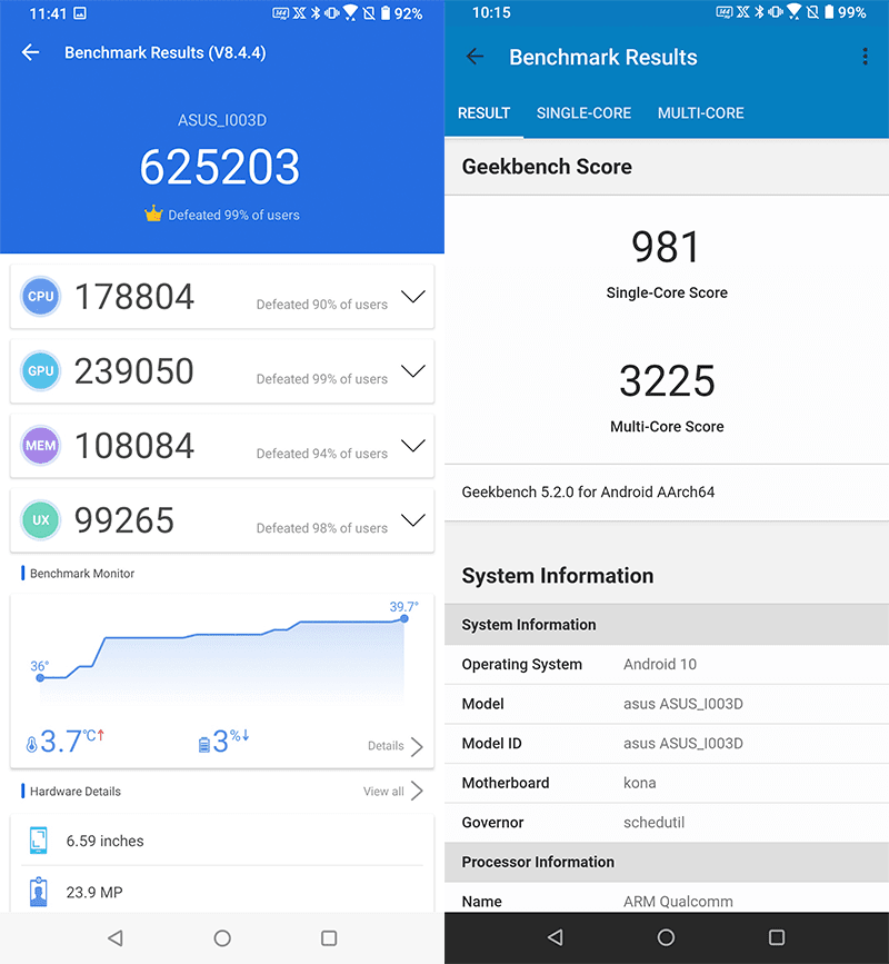 AnTuTu and GeekBench scores
