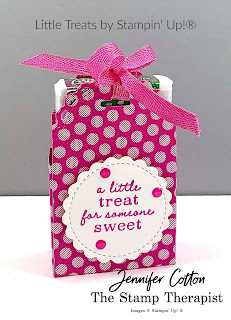 This cute Tic Tac treat box uses Stampin' Up!®'s Little Treats Bundle.  We also used the 2020-20 In Color Desgner Paper, Magenta Madness In Color Ribbon and Magenta Madness ink pad.  Check out the blog for a video & supply list.  #StampTherapist #StampinUp