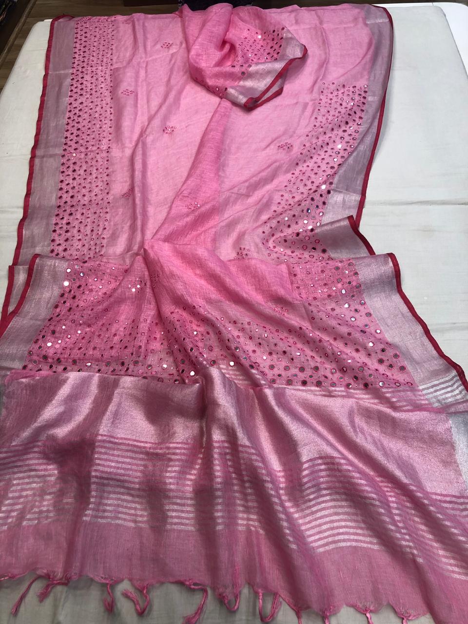 Designer Lenin Mirror Work Sarees