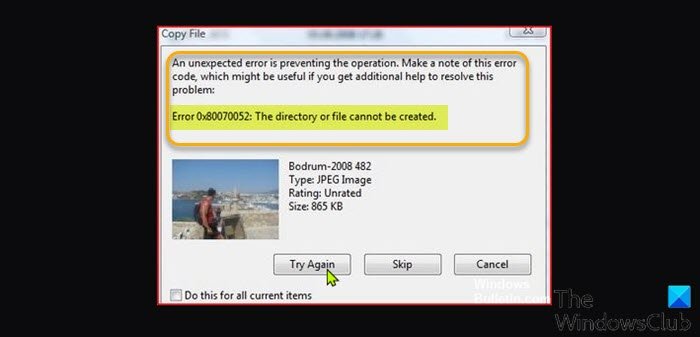 Errore 0x80070052, Impossibile creare la directory o il file