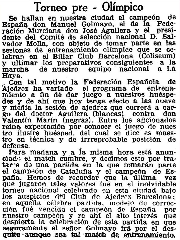 Torneo Pre-Olímpico de Ajedrez, La Vanguardia, 17/7/1928