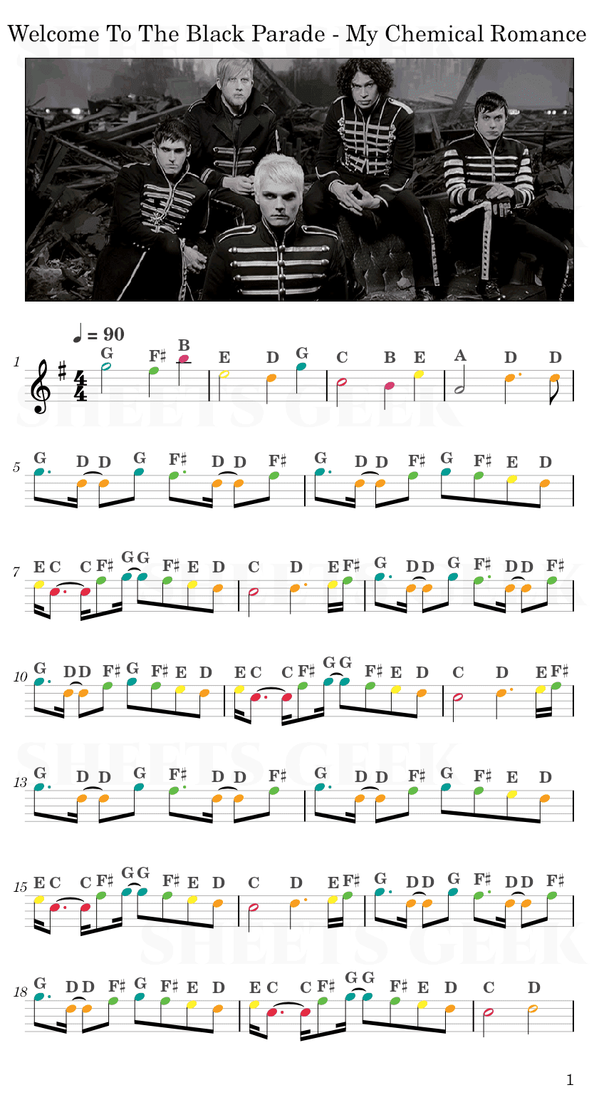 Welcome To The Black Parade - My Chemical Romance Easy Sheet Music Free for piano, keyboard, flute, violin, sax, cello page 1