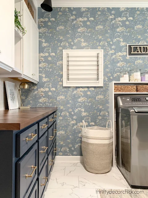 blue floral wallpaper laundry room