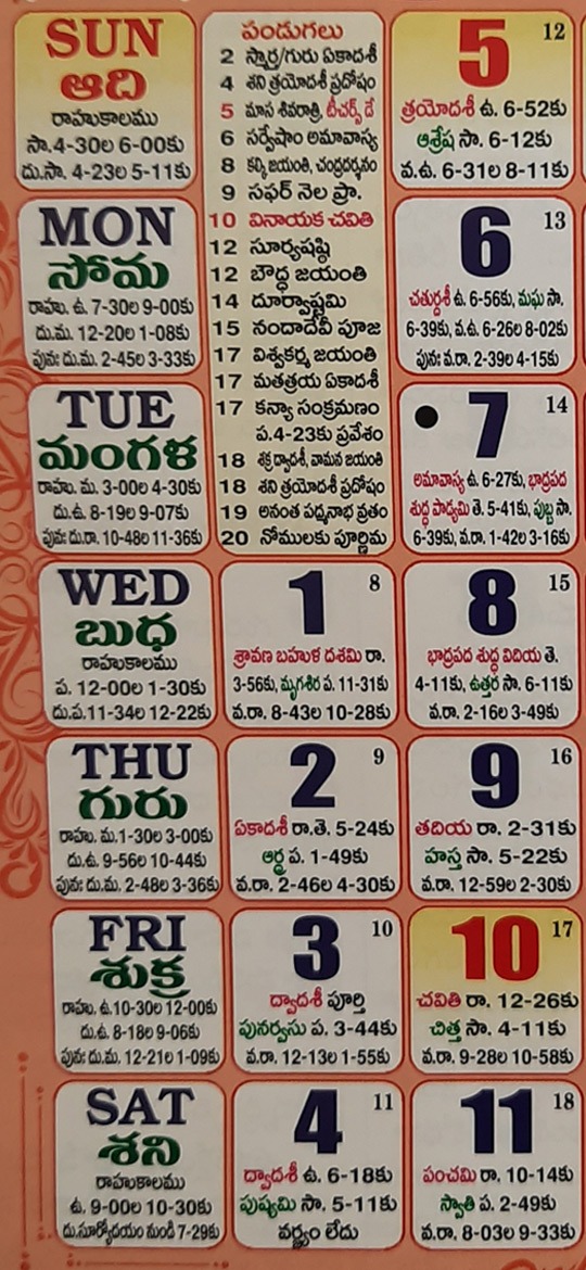 Telugu Calendar 2022 Rahu Kalam