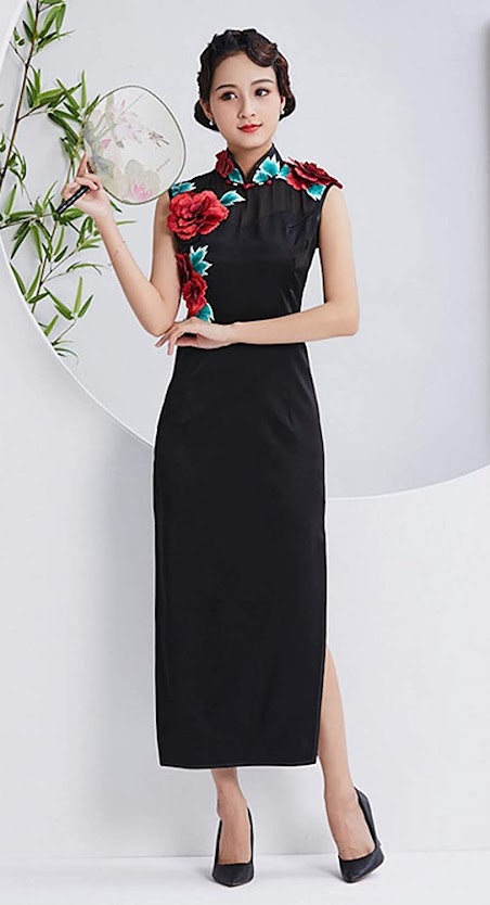 Black Silk Flower Embroidered Cheongsam Chinese Traditional Evening Dress Black Cheongsam Qipao Dresses