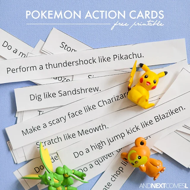 Free printable Pokemon action cards for kids - great boredom buster with lots of gross motor ideas from And Next Comes L