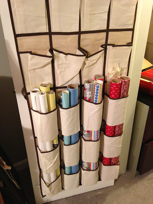 Unused over the door shoe organizer into a wrapping paper organizer :: OrganizingMadeFun.com