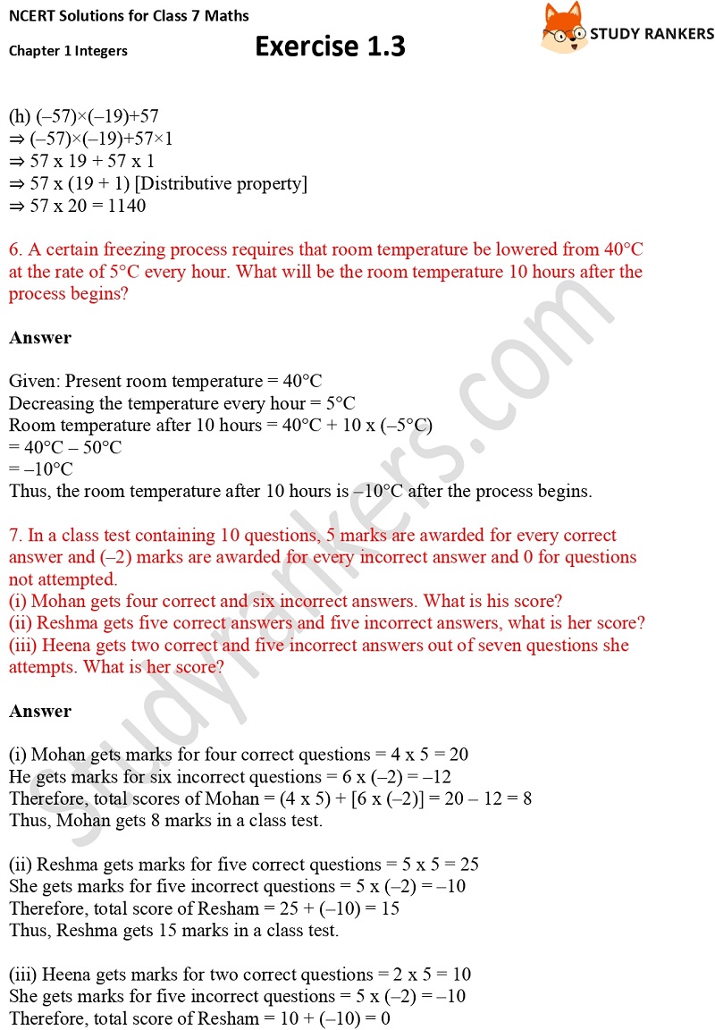 NCERT Solutions for Class 7 Maths Ch 1 Integers Exercise 1.3 4