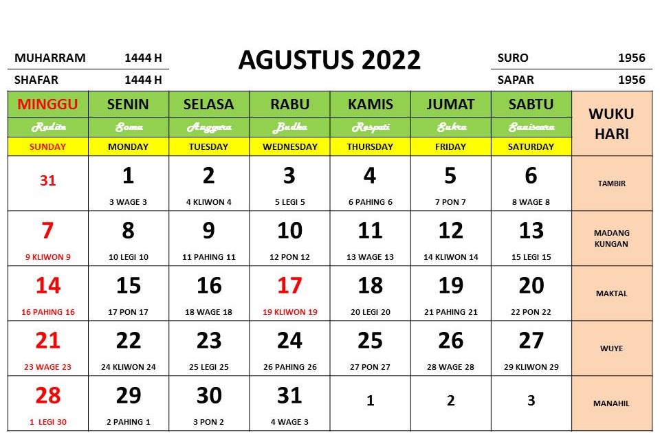 Kalender Bulan Agustus 2022 dan Hari Peringatannya - Enkosa.Com