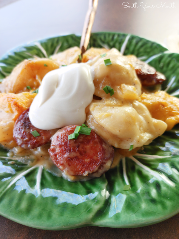 South Your Mouth Cheesy Pierogi and Kielbasa Casserole