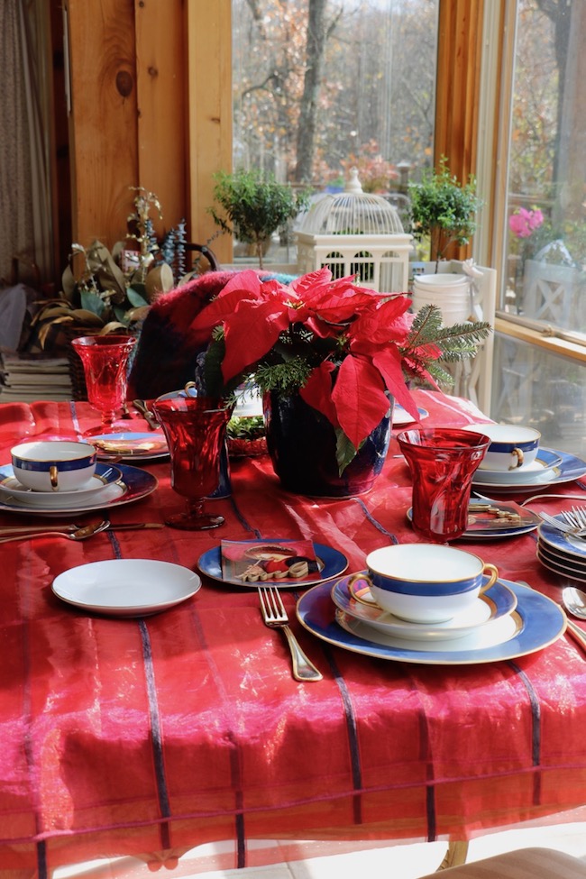 Botanic Bleu Christmas Red and Navy Blue Table Setting