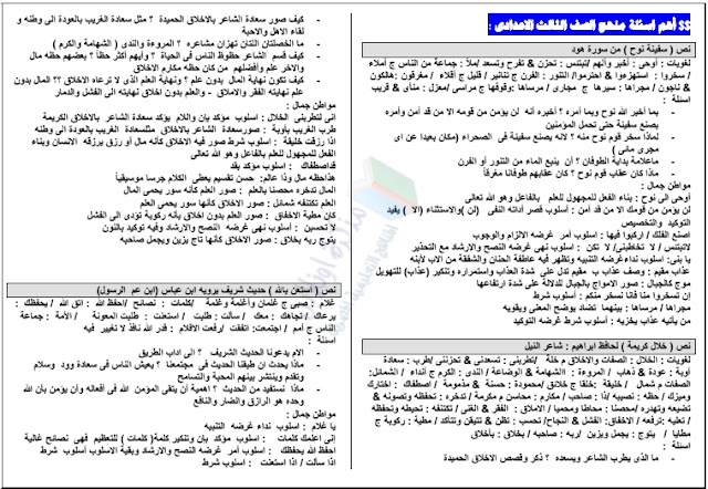 مذكرة مراجعة لغة عربية الصف الثالث الإعدادي الترم الثاني