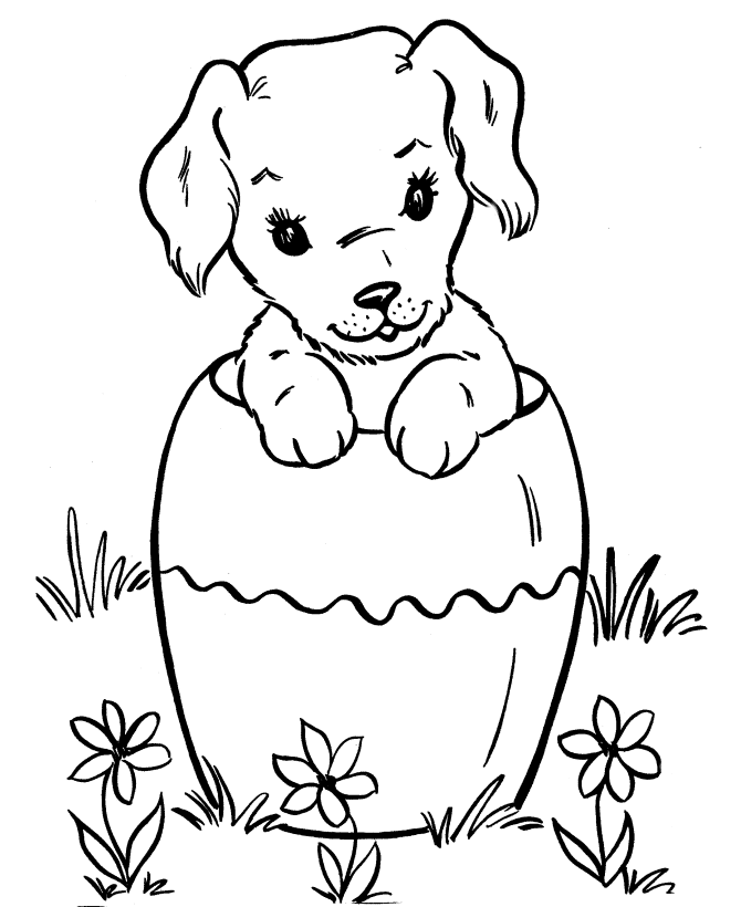 Tranh tô màu chú chó trong bình ngồi ngắm hoa